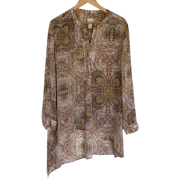 Chicos Womens‎ Paisley Print Asymmetrical Tunic Blouse Size XL Orange Purple - Picture 1 of 11